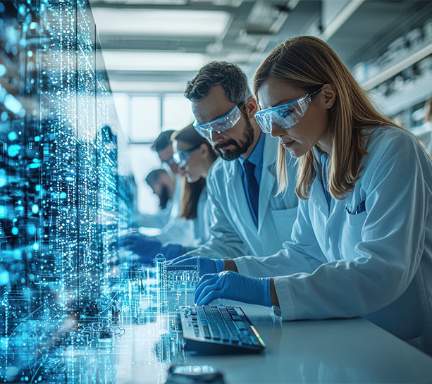 Person in a business suit touching a digital interface labeled “Service,” with connected icons showing analytics, communication, and customer support, representing technology-driven services. Scientists wearing safety goggles work together in a modern laboratory, analyzing digital data overlays and equipment, representing collaborative research and advanced scientific technology.