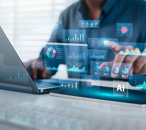 Business professional interacting with a transparent digital dashboard displaying charts, graphs, and analytics, representing data visualization, performance tracking, and business intelligence.