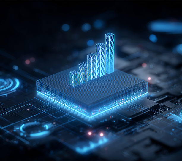 Abstract digital bar chart made of glowing blue skyscraper-like columns, representing data growth, analytics, and increasing business performance.