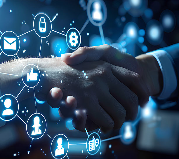 handshake with digital symbols as the background